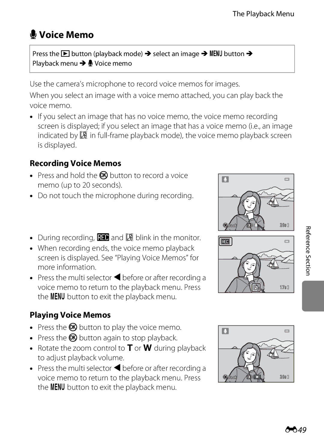 Nikon 26277, COOLPIXS6200RED, COOLPIXS6200BK manual EVoice Memo, Recording Voice Memos, Playing Voice Memos, E49 