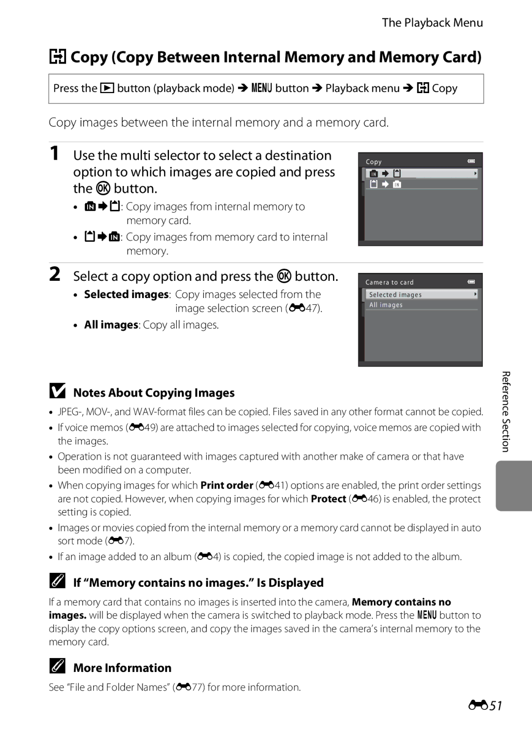 Nikon COOLPIXS6200RED HCopy Copy Between Internal Memory and Memory Card, Select a copy option and press the kbutton, E51 