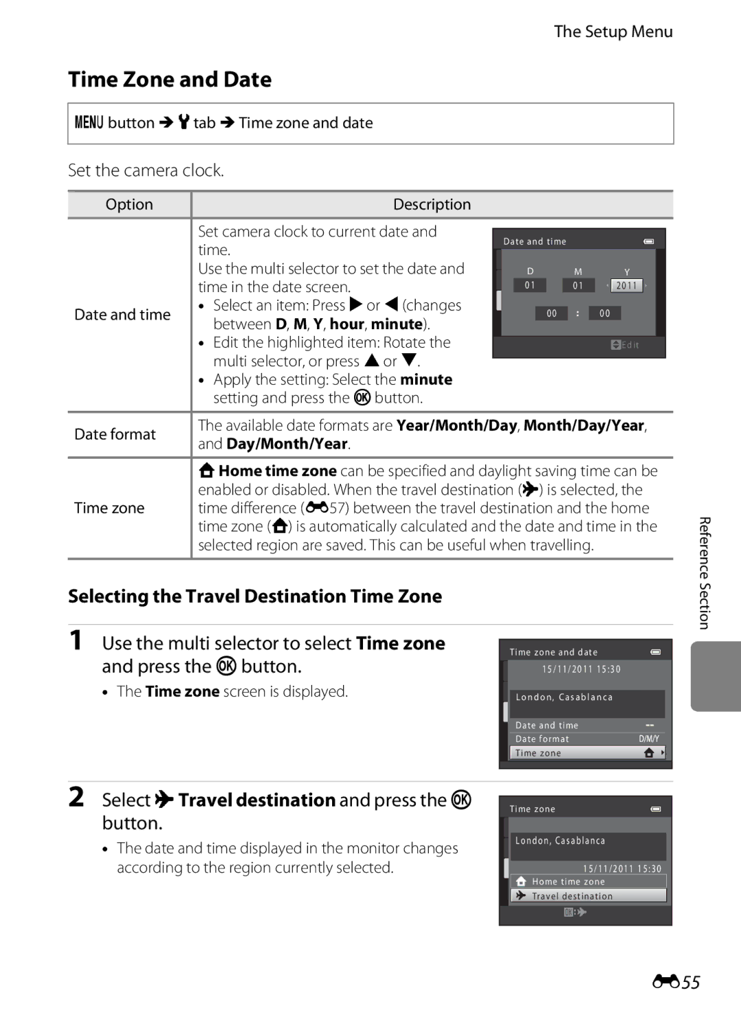 Nikon COOLPIXS6200RED, 26277 Time Zone and Date, Selecting the Travel Destination Time Zone, E55, Set the camera clock 