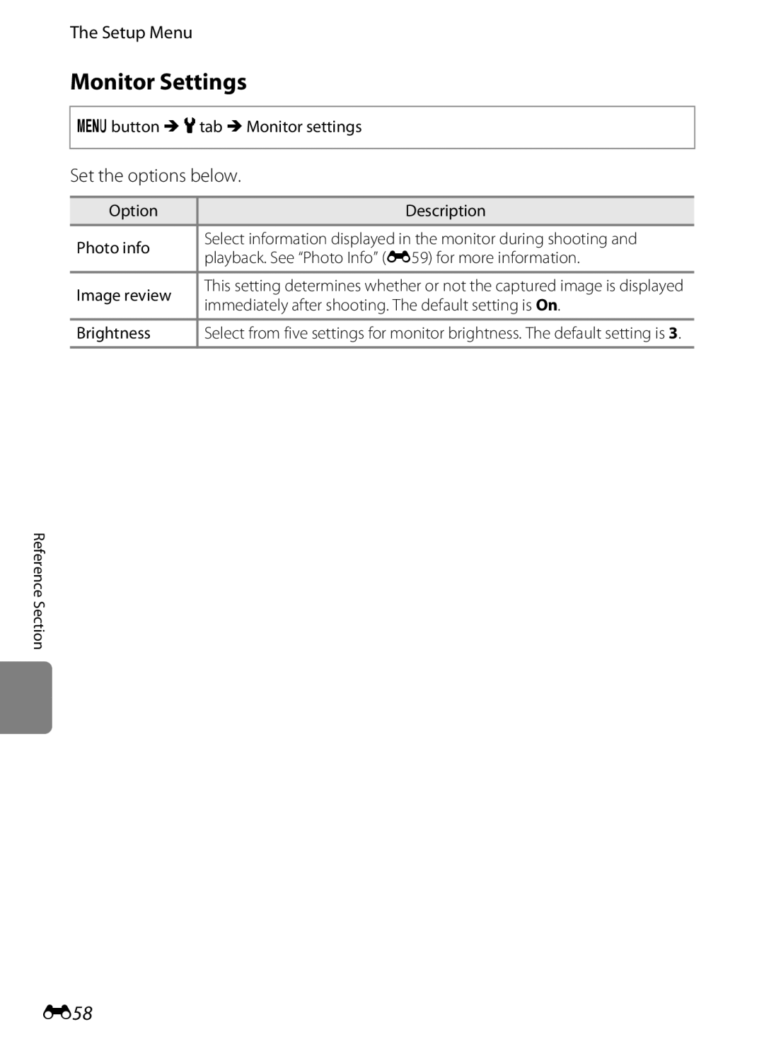 Nikon COOLPIXS6200RED, COOLPIXS6200BK, 26277 manual Monitor Settings, E58, Set the options below 