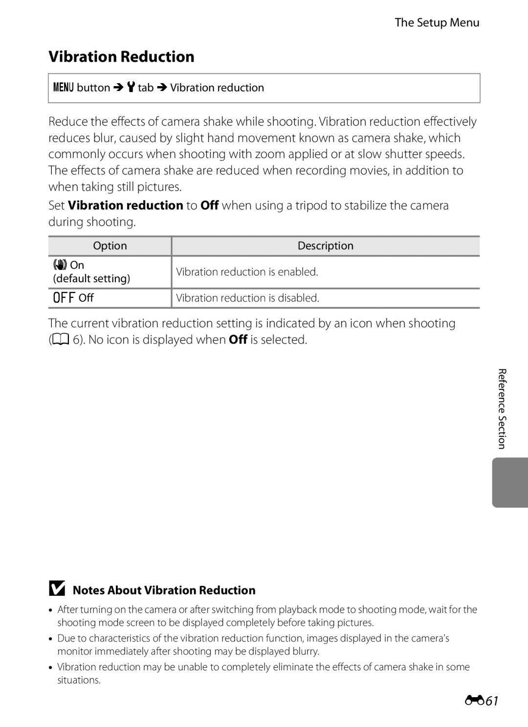 Nikon 26277, COOLPIXS6200RED, COOLPIXS6200BK manual Vibration Reduction, E61, Dbutton Mztab MVibration reduction 