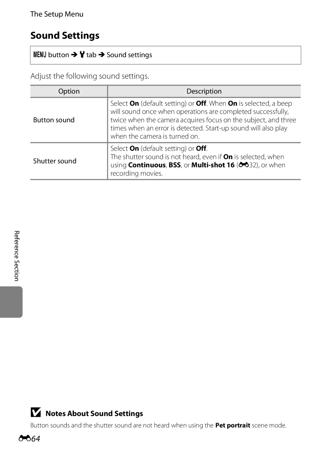 Nikon COOLPIXS6200BK, COOLPIXS6200RED, 26277 manual Sound Settings, E64, Adjust the following sound settings 