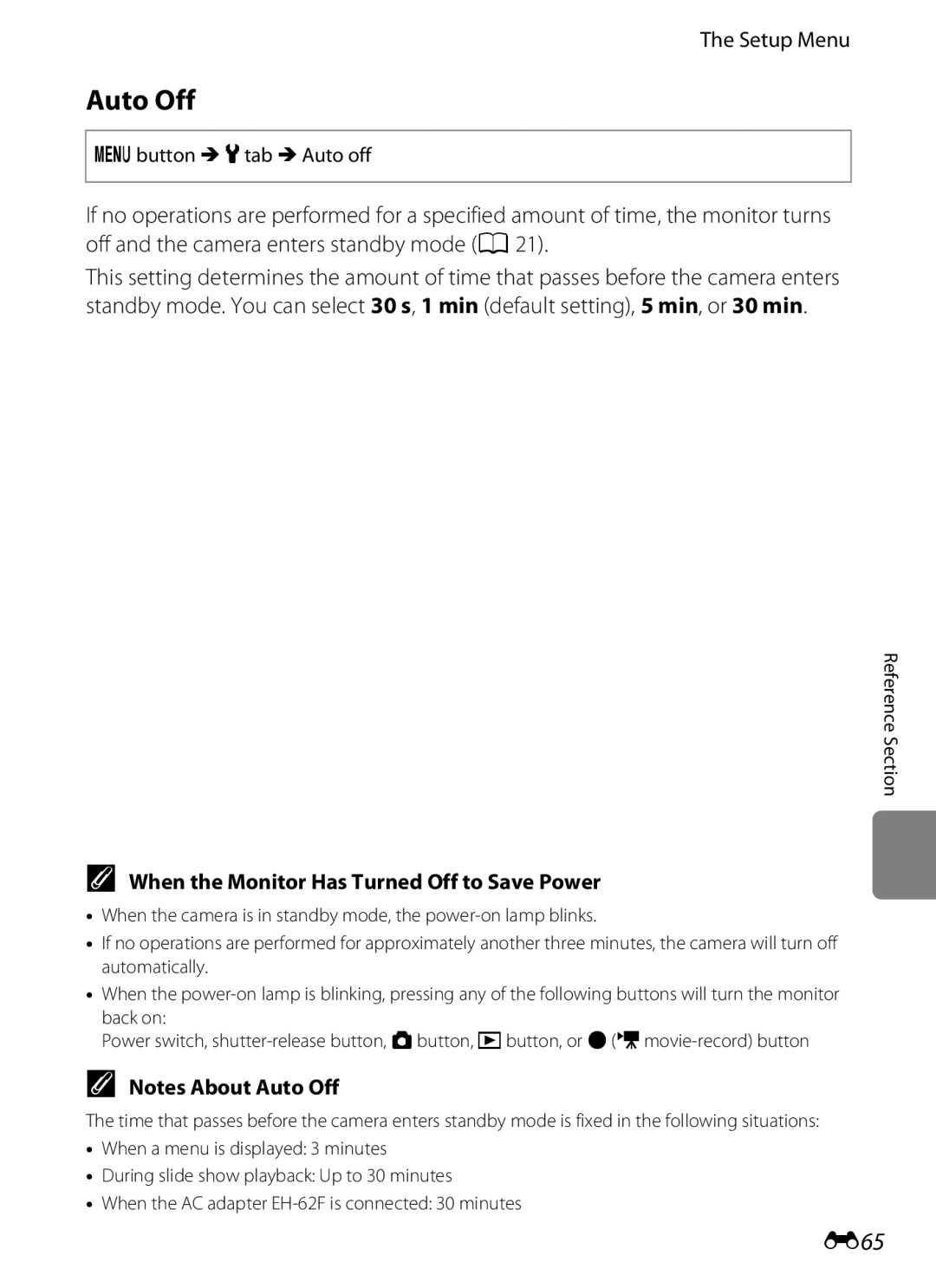 Nikon 26277, COOLPIXS6200RED manual Auto Off, E65, When the Monitor Has Turned Off to Save Power, Dbutton Mztab MAuto off 