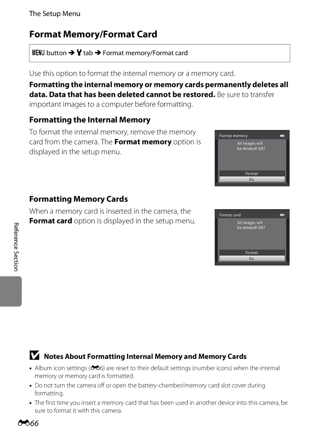 Nikon COOLPIXS6200RED, 26277 Format Memory/Format Card, Formatting the Internal Memory, Formatting Memory Cards, E66 