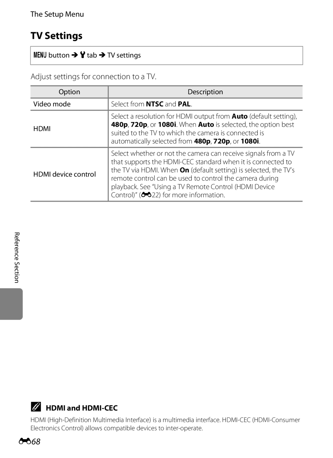 Nikon COOLPIXS6200BK, COOLPIXS6200RED, 26277 TV Settings, E68, Adjust settings for connection to a TV, Hdmi and HDMI-CEC 