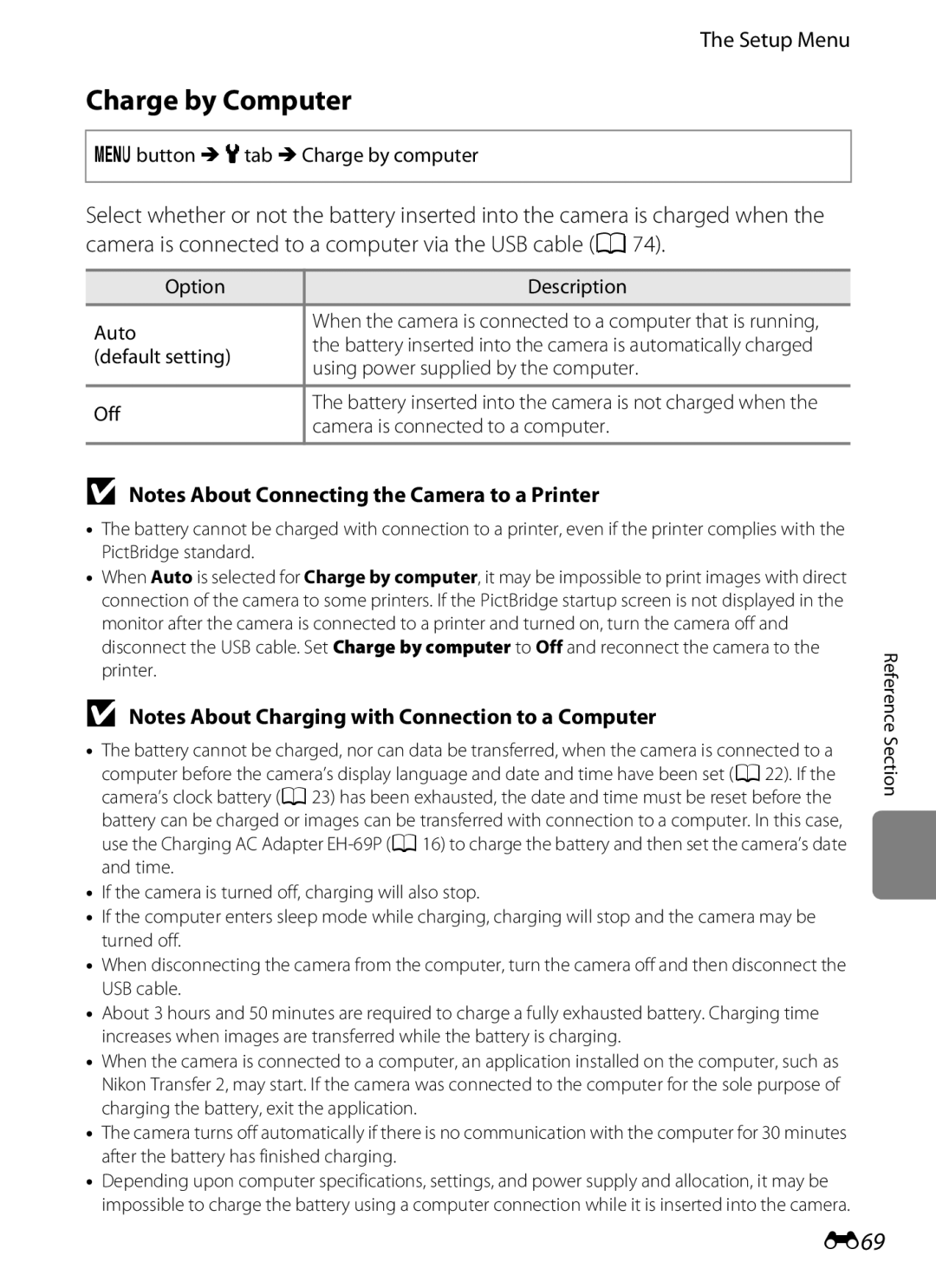 Nikon 26277, COOLPIXS6200RED, COOLPIXS6200BK manual Charge by Computer, E69 