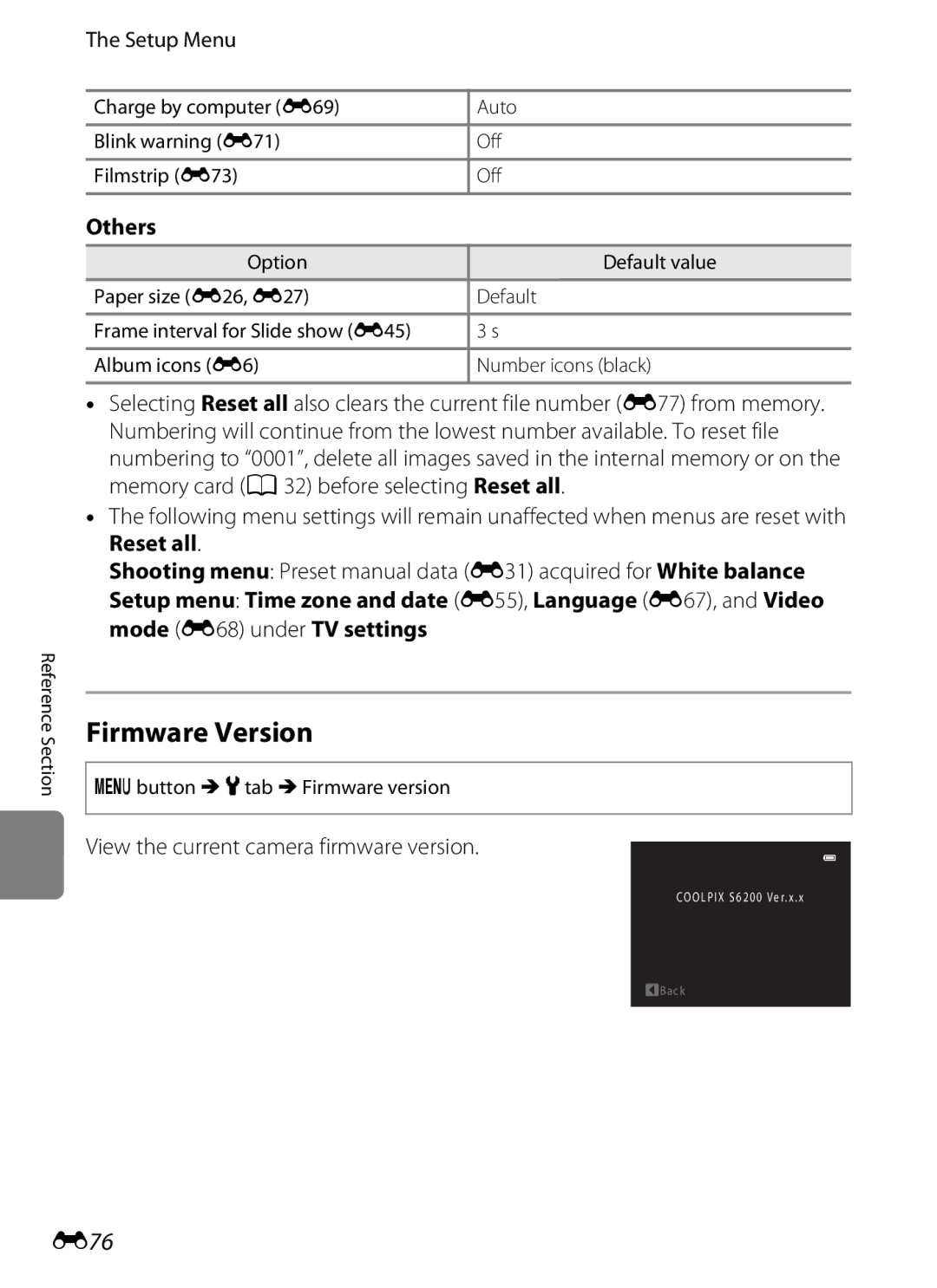 Nikon COOLPIXS6200BK, COOLPIXS6200RED, 26277 manual Firmware Version, E76, Others, View the current camera firmware version 