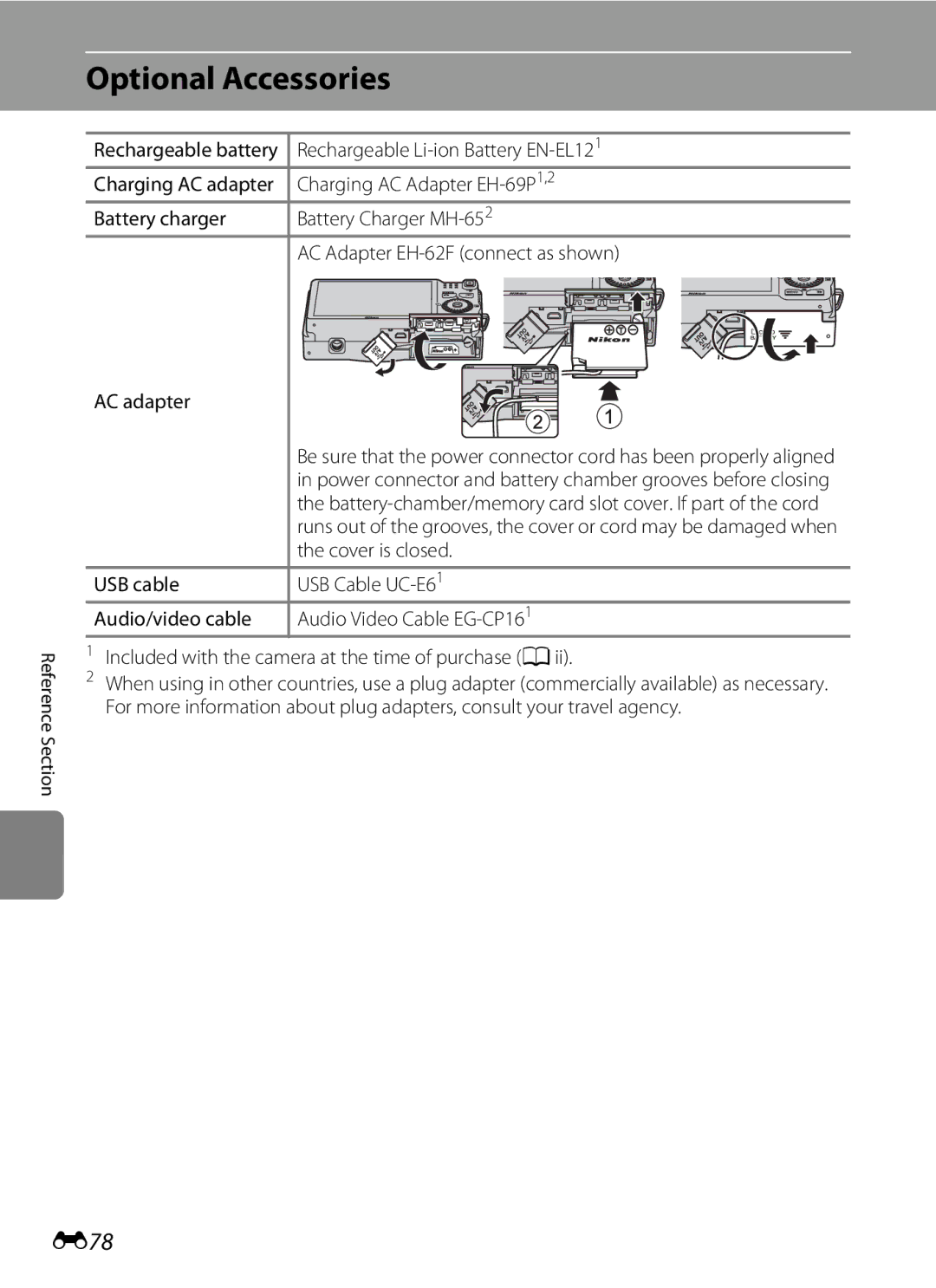 Nikon COOLPIXS6200BK Optional Accessories, E78, Rechargeable Li-ion Battery EN-EL121, Charging AC Adapter EH-69P1,2 