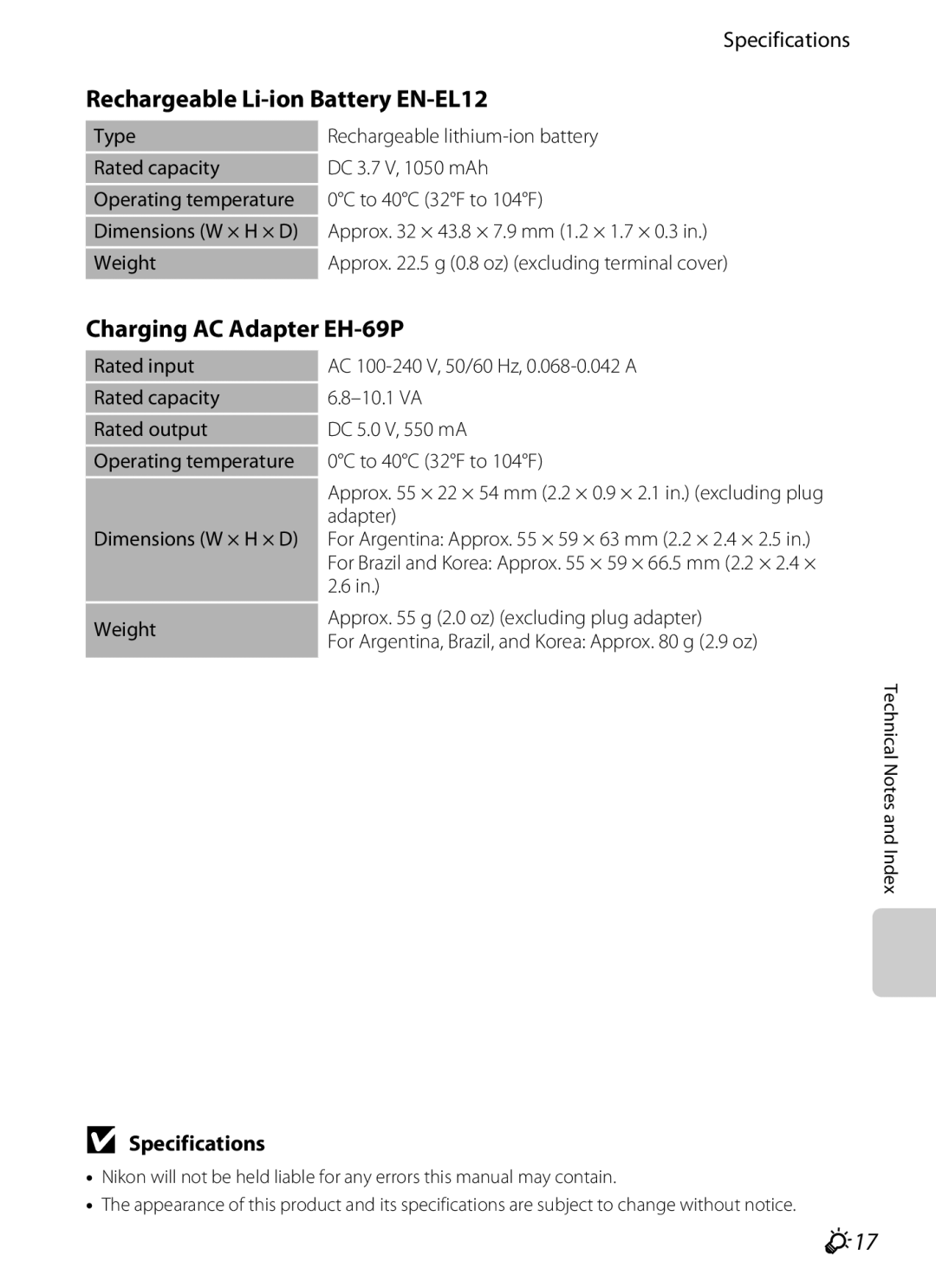 Nikon COOLPIXS6200RED, COOLPIXS6200BK Rechargeable Li-ion Battery EN-EL12, Charging AC Adapter EH-69P, F17, Specifications 