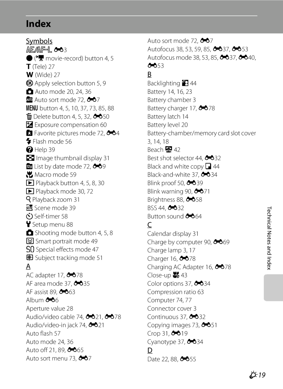 Nikon 26277, COOLPIXS6200RED, COOLPIXS6200BK manual Index, Symbols, F19 