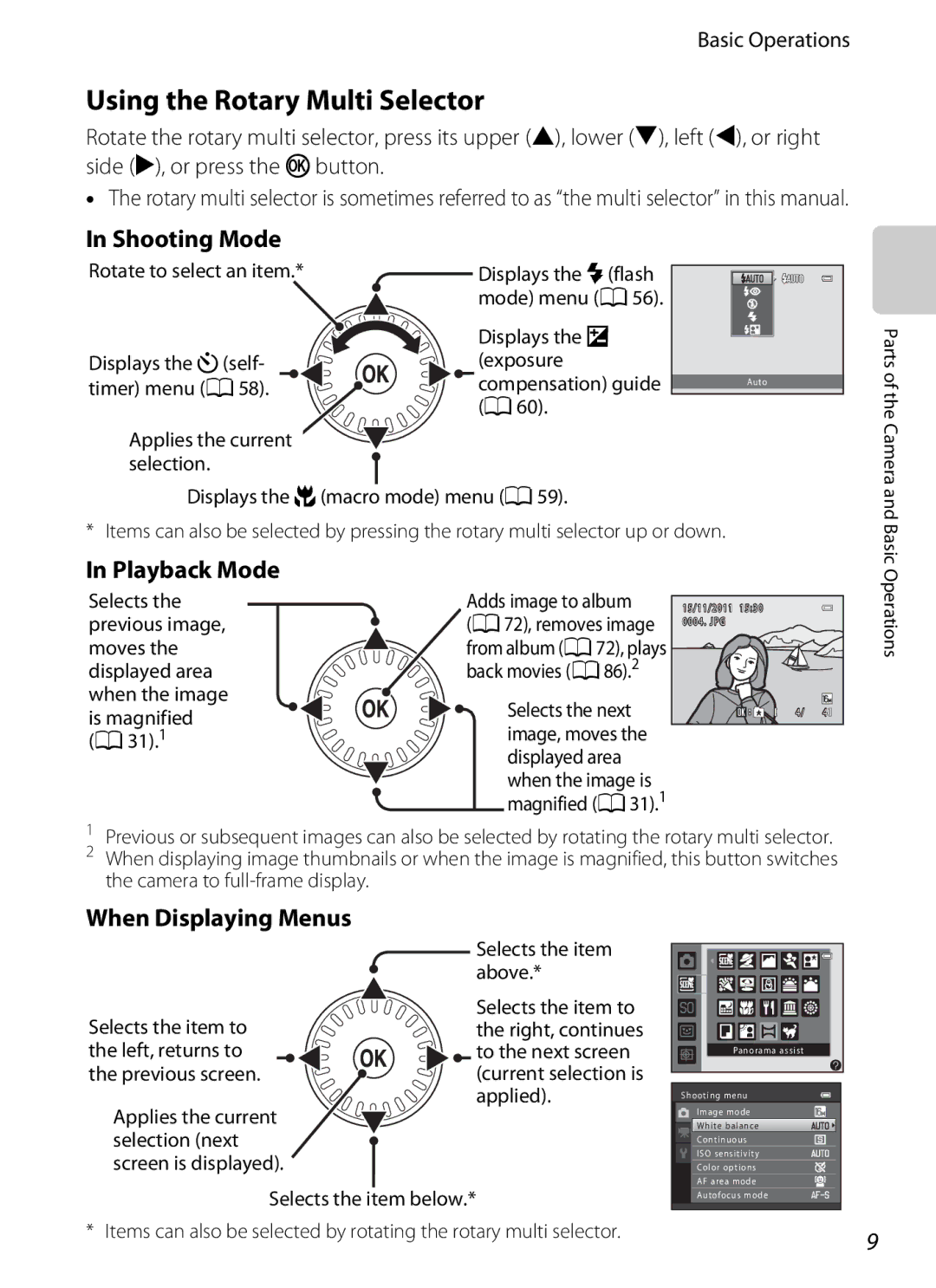 Nikon COOLPIXS6200RED, COOLPIXS6200BK, 26277 manual Using the Rotary Multi Selector, When Displaying Menus, Basic Operations 