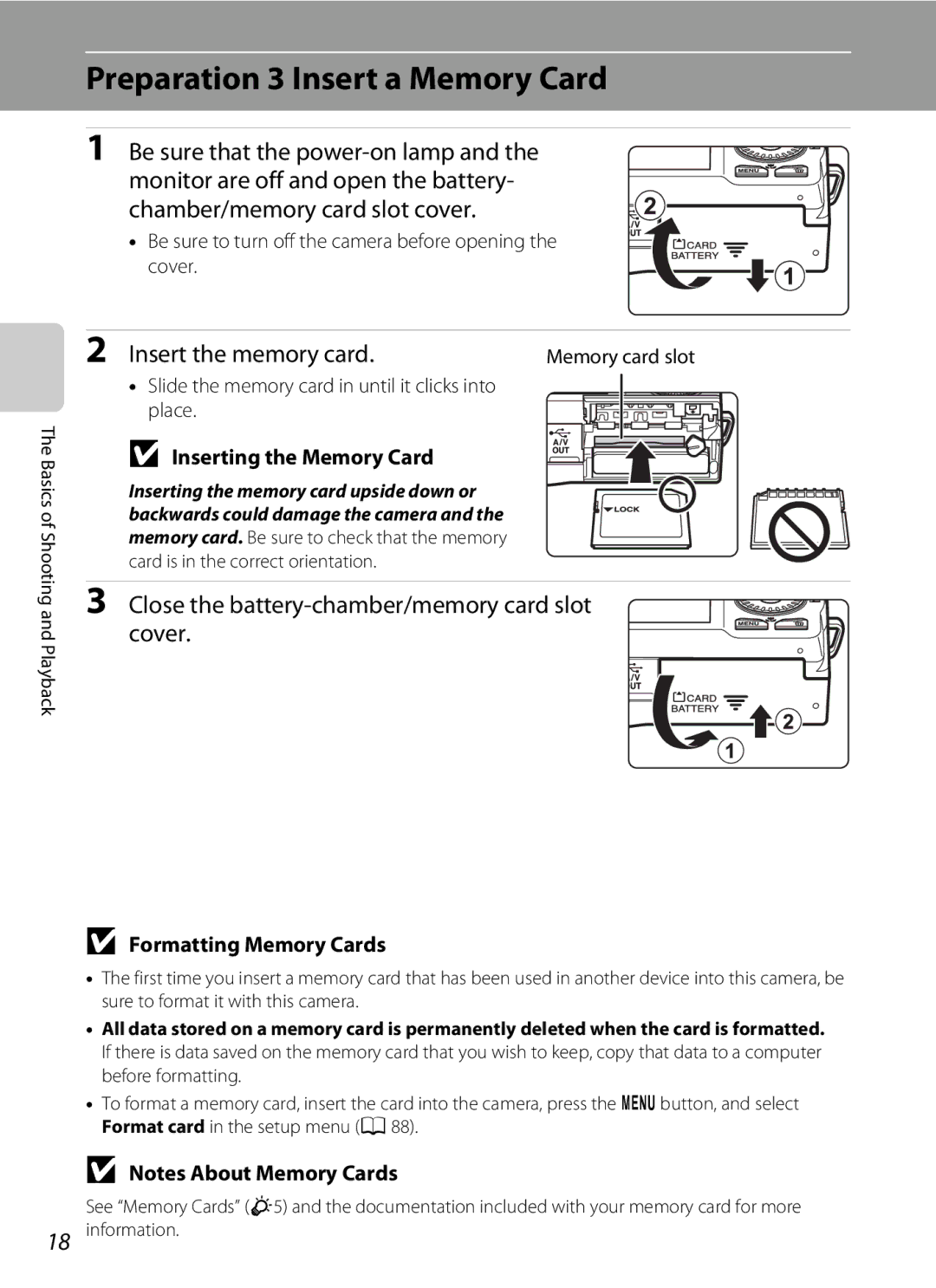 Nikon COOLPIXS6200BK, 26277 manual Preparation 3 Insert a Memory Card, Insert the memory card, Inserting the Memory Card 