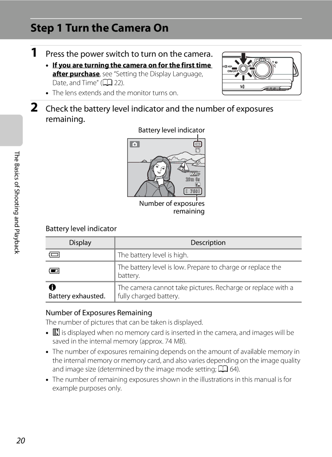 Nikon COOLPIXS6200RED, 26277 Turn the Camera On, Press the power switch to turn on the camera, Battery level indicator 