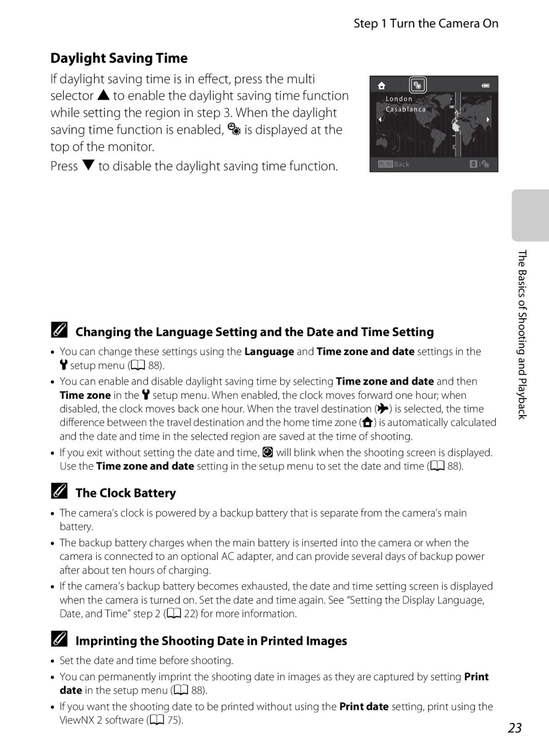 Nikon 26277, S6200 manual Daylight Saving Time, Changing the Language Setting and the Date and Time Setting, Clock Battery 