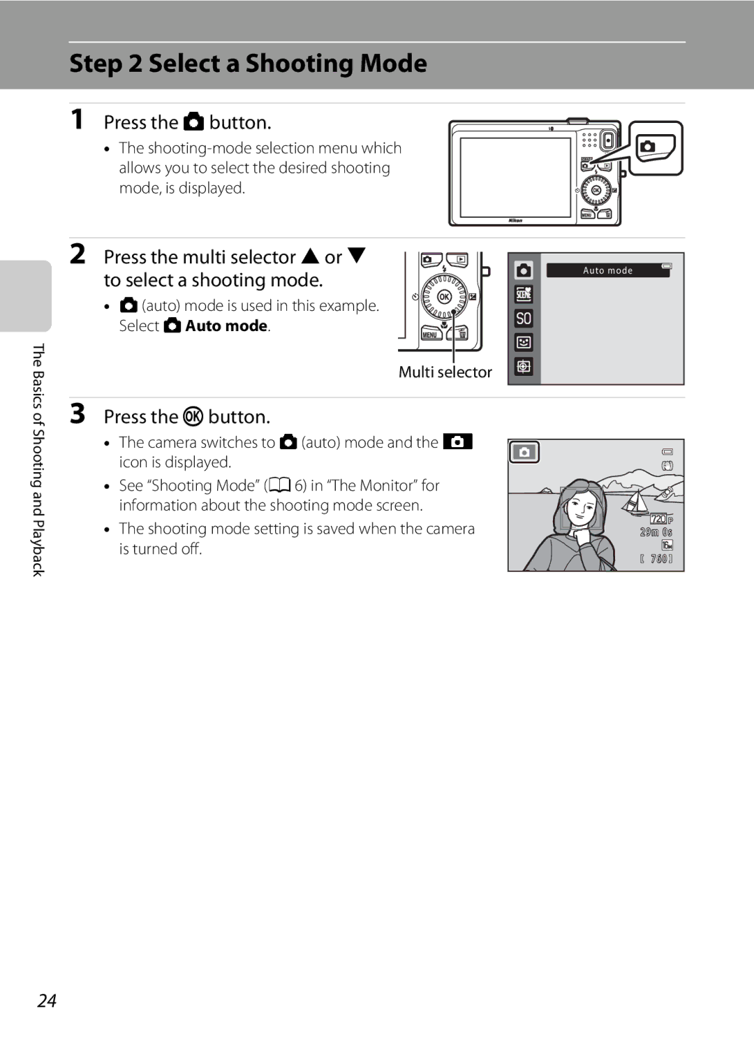 Nikon S6200, 26277 manual Select a Shooting Mode, Press the Abutton, Press the multi selector Hor To select a shooting mode 