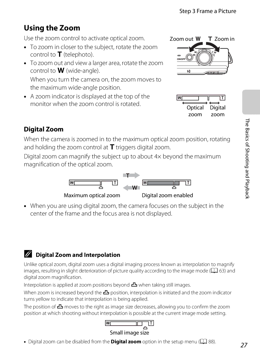 Nikon 26277, S6200 manual Using the Zoom, Digital Zoom, Frame a Picture, Use the zoom control to activate optical zoom 