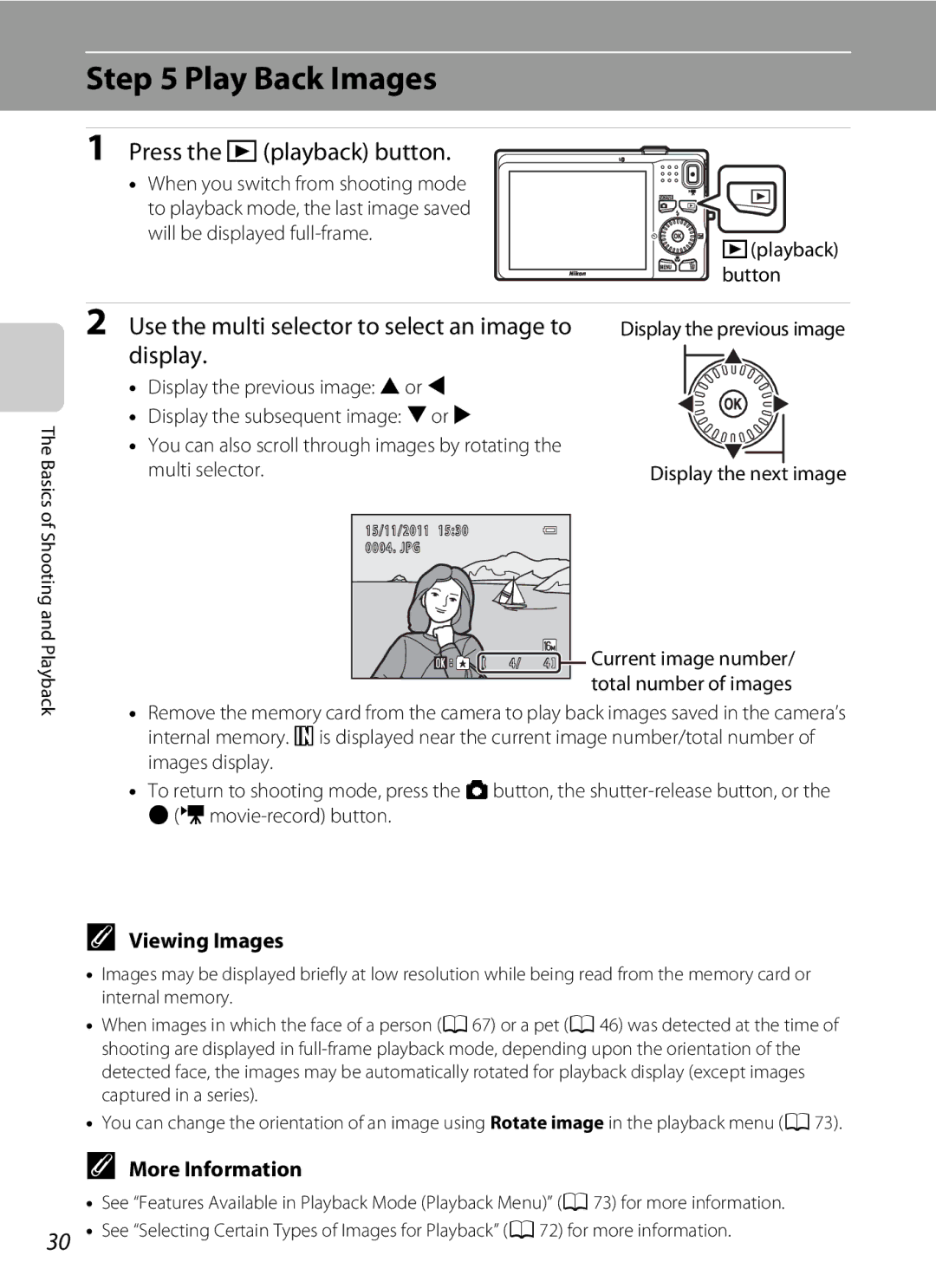 Nikon COOLPIXS6200BK Play Back Images, Press the cplayback button, Use the multi selector to select an image to display 