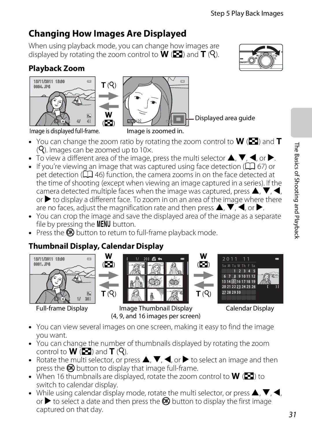 Nikon 26277, S6200 Changing How Images Are Displayed, Playback Zoom, Thumbnail Display, Calendar Display, Play Back Images 