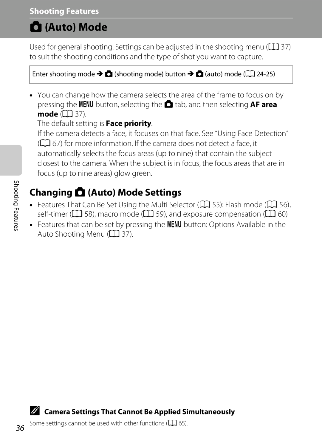 Nikon COOLPIXS6200RED, 26277 Changing AAuto Mode Settings, Camera Settings That Cannot Be Applied Simultaneously 