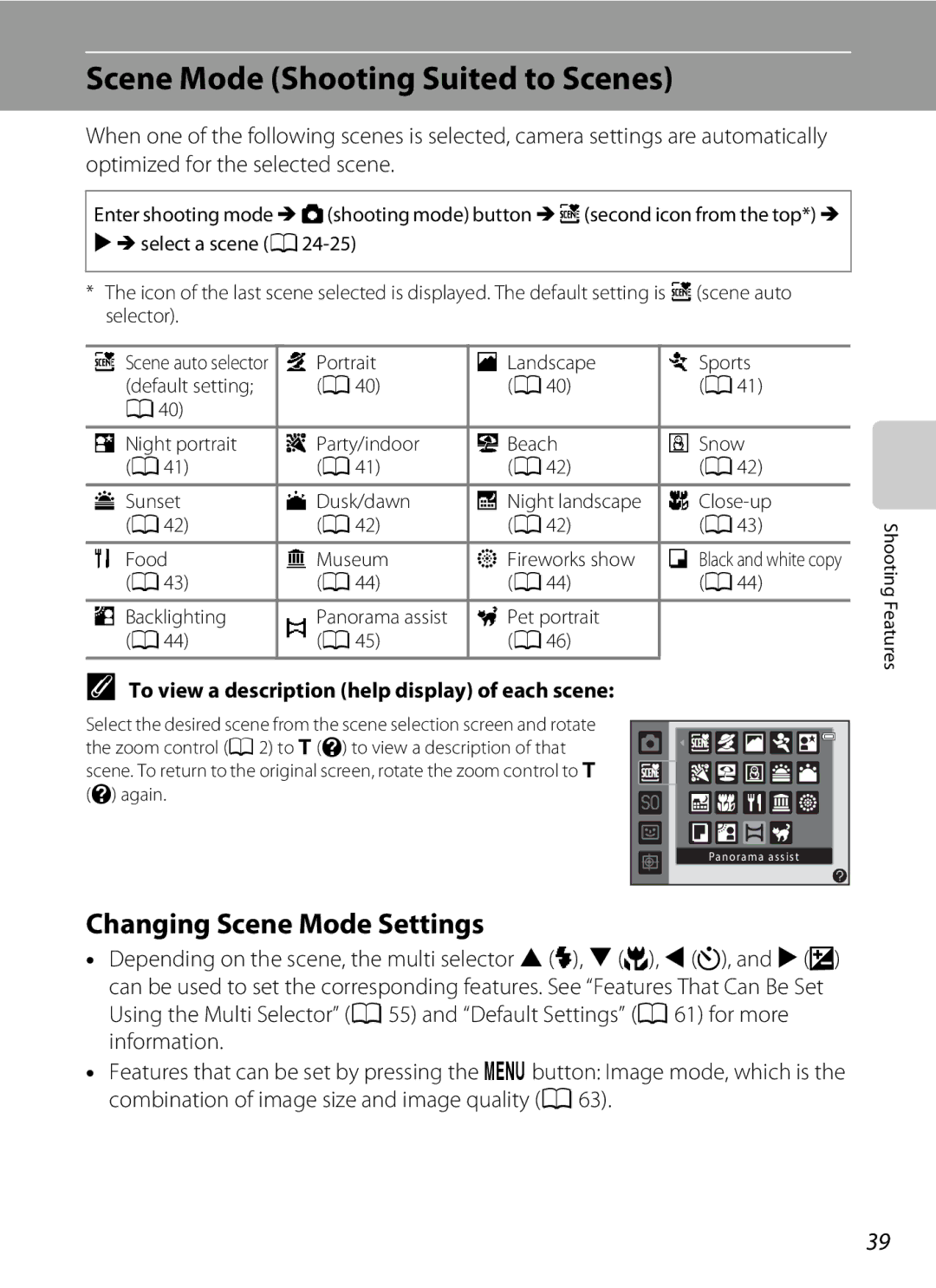 Nikon 26277 manual Scene Mode Shooting Suited to Scenes, Changing Scene Mode Settings, A43 A44 Backlighting Panorama assist 