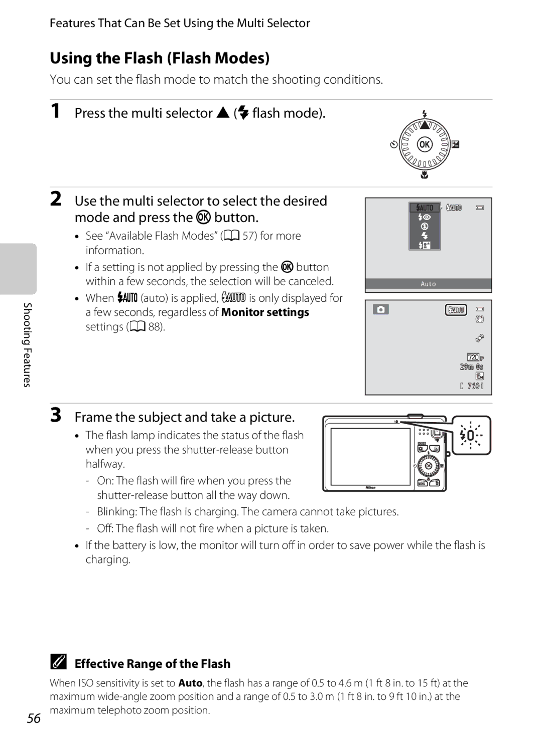 Nikon S6200 manual Using the Flash Flash Modes, Press the multi selector Hmflash mode, Frame the subject and take a picture 