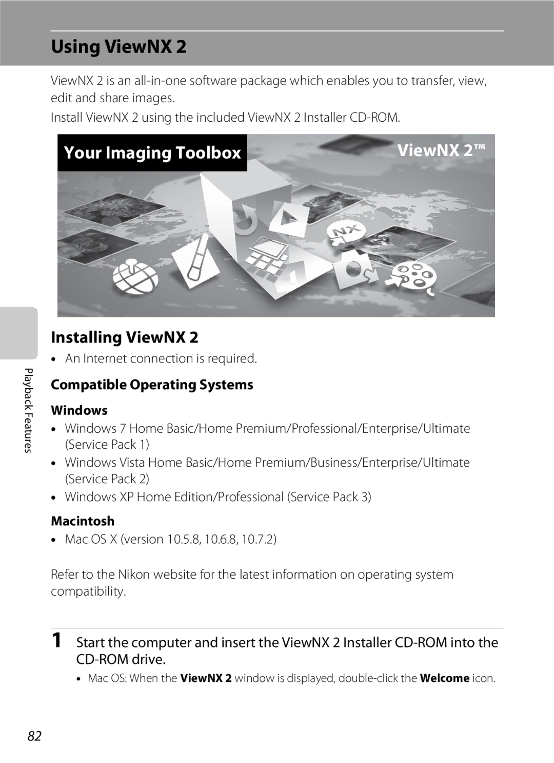 Nikon S6300 manual Using ViewNX, Installing ViewNX, Compatible Operating Systems, Windows, Macintosh 