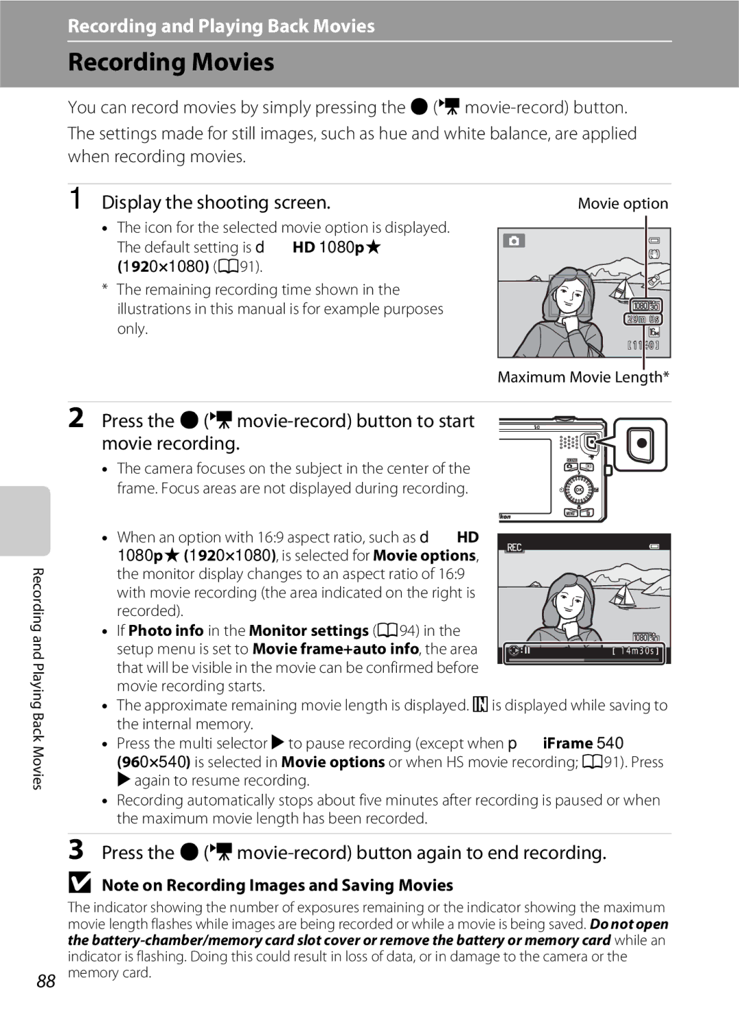 Nikon S6300 manual Recording Movies, Display the shooting screen, Press the bemovie-record button to start movie recording 