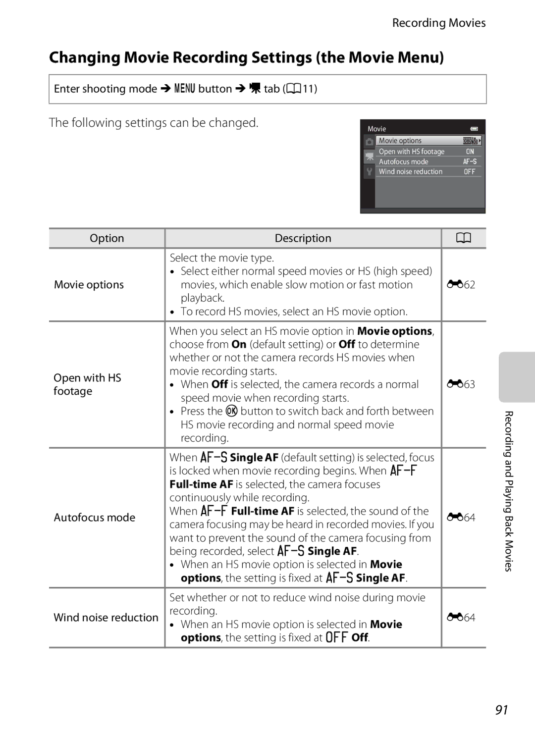 Nikon S6300 manual Changing Movie Recording Settings the Movie Menu 