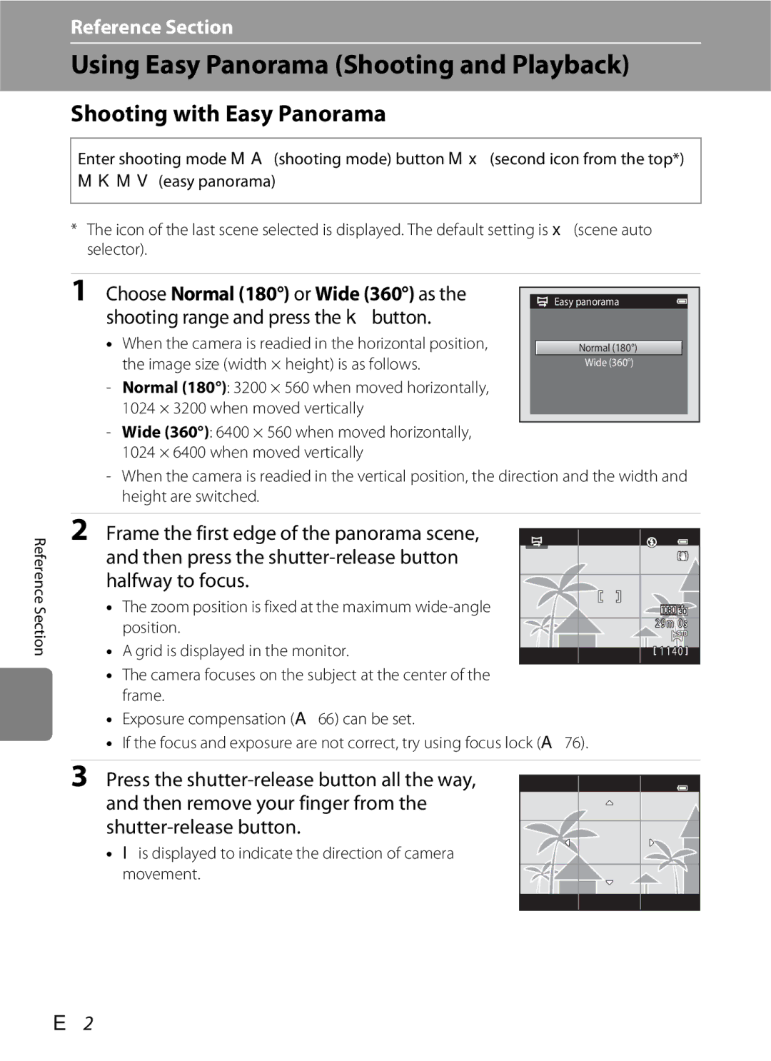 Nikon S6300 manual Using Easy Panorama Shooting and Playback, Shooting with Easy Panorama, Choose Normal 180 or Wide 360 as 