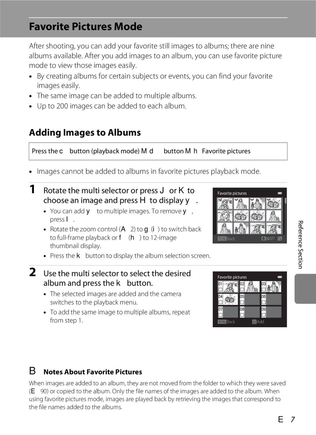 Nikon S6300 manual Favorite Pictures Mode, Adding Images to Albums 