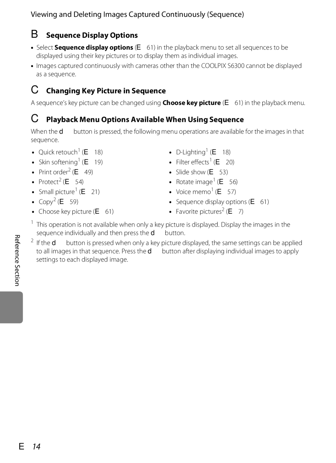 Nikon S6300 manual E14, Viewing and Deleting Images Captured Continuously Sequence, Sequence Display Options 