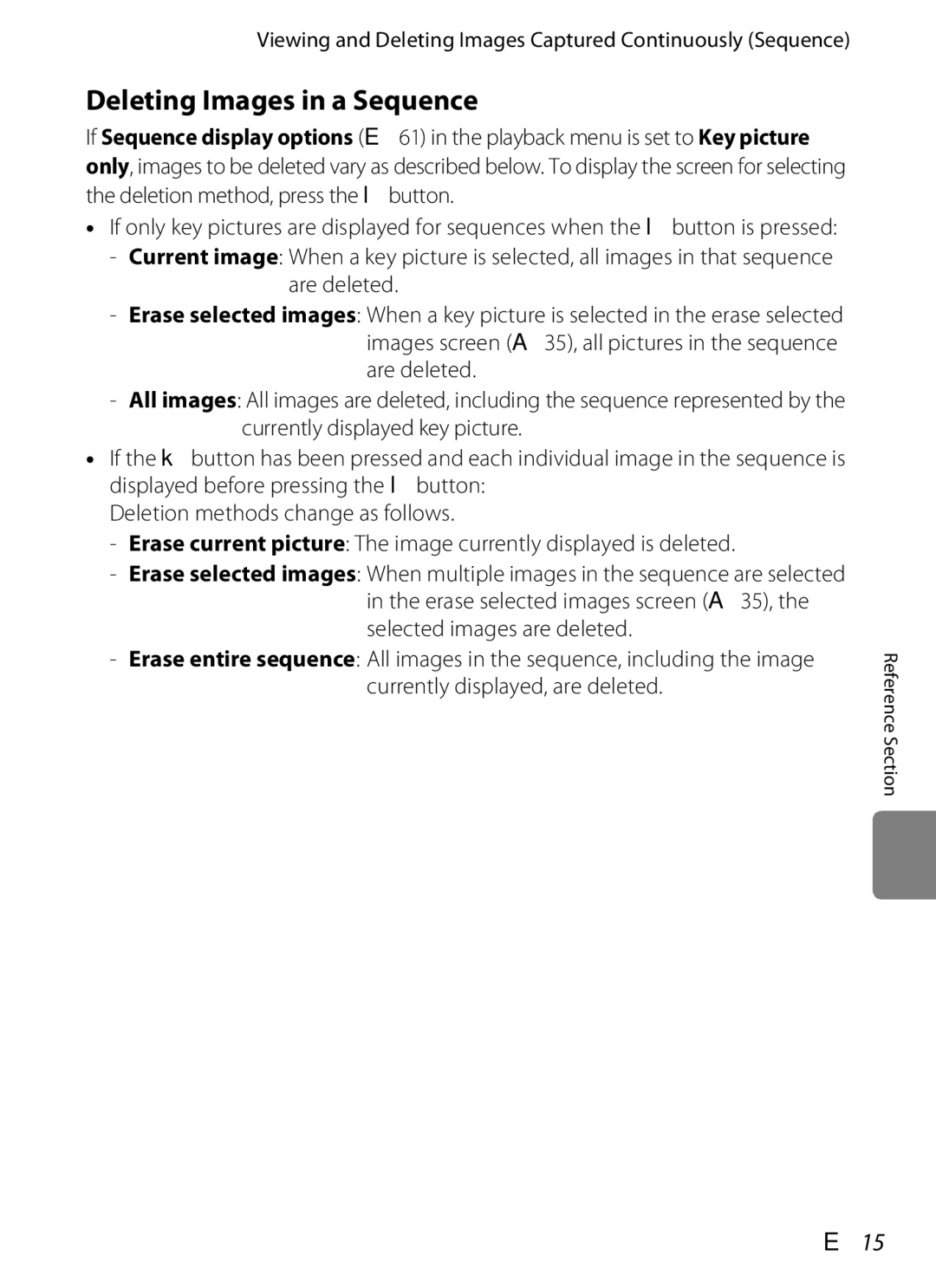 Nikon S6300 manual Deleting Images in a Sequence, E15 