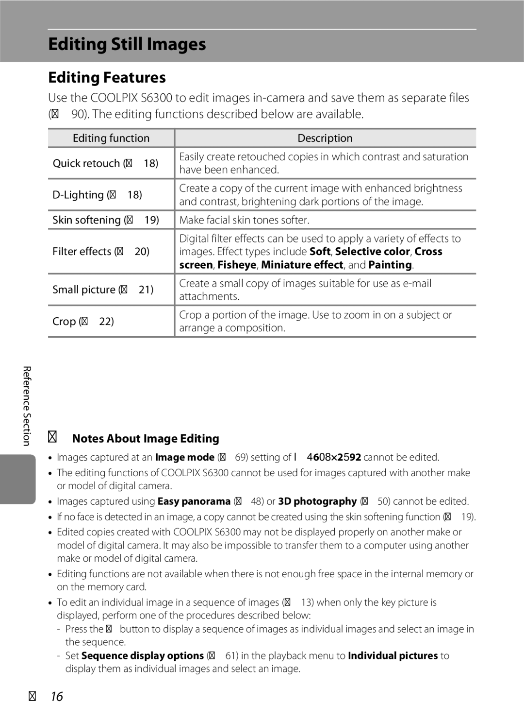 Nikon S6300 manual Editing Still Images, Editing Features, E16 