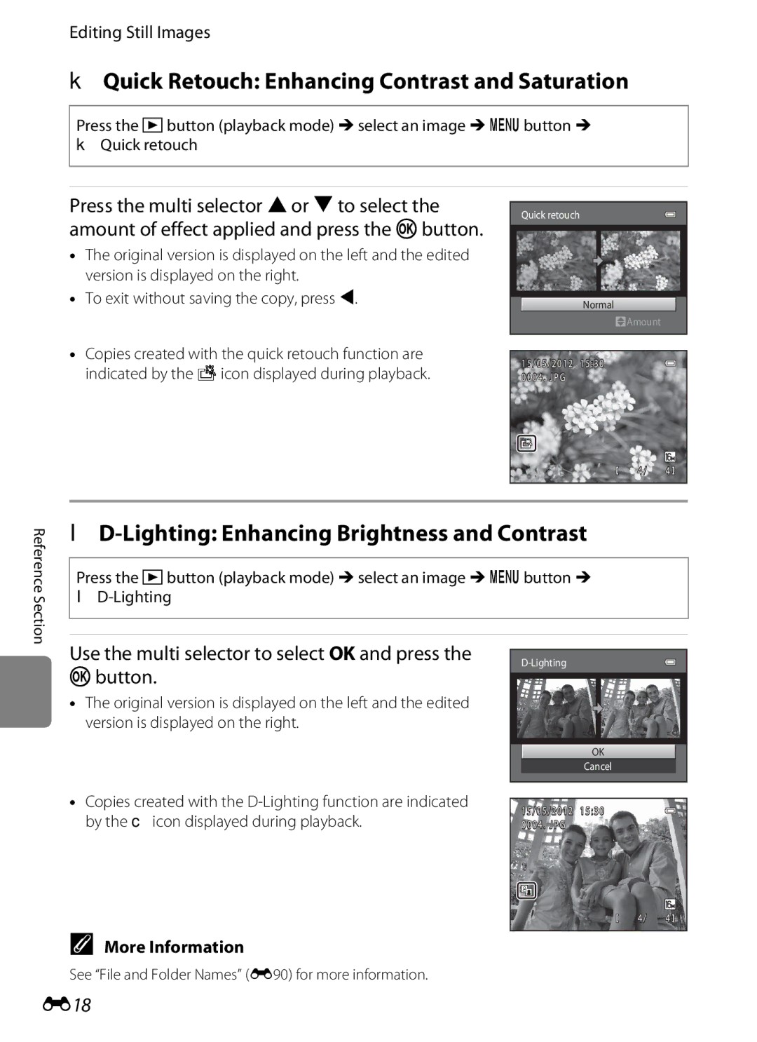 Nikon S6300 manual KQuick Retouch Enhancing Contrast and Saturation, Lighting Enhancing Brightness and Contrast, E18 