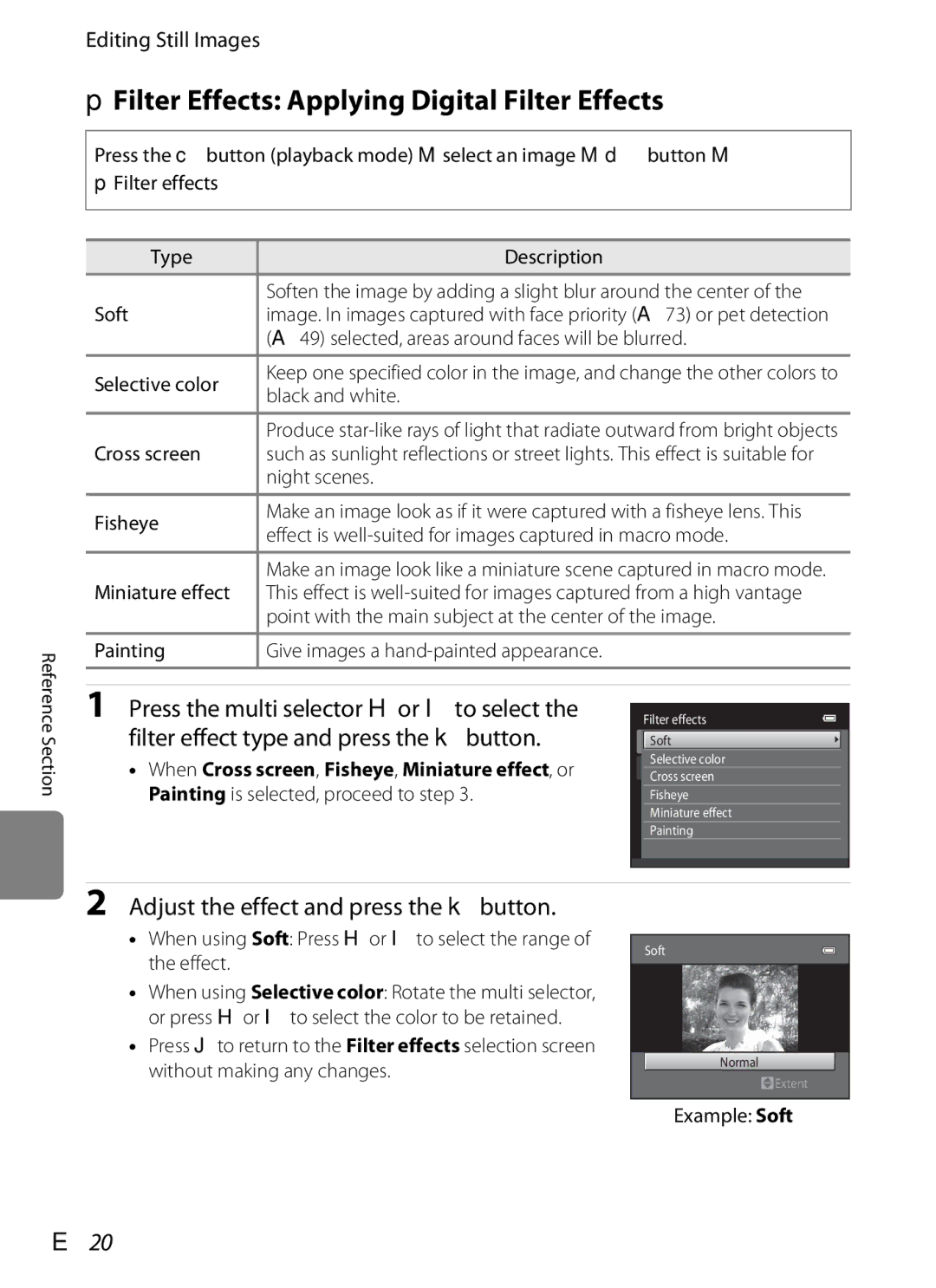 Nikon S6300 manual PFilter Effects Applying Digital Filter Effects, Adjust the effect and press the kbutton, E20 