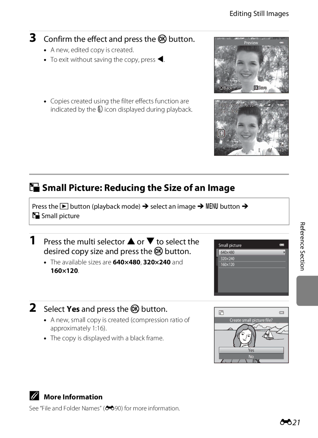 Nikon S6300 manual GSmall Picture Reducing the Size of an Image, Confirm the effect and press the kbutton, E21 