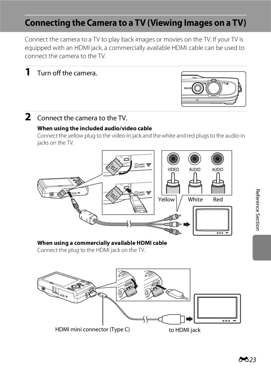 Nikon S6300 manual Turn off the camera Connect the camera to the TV, E23, When using the included audio/video cable 