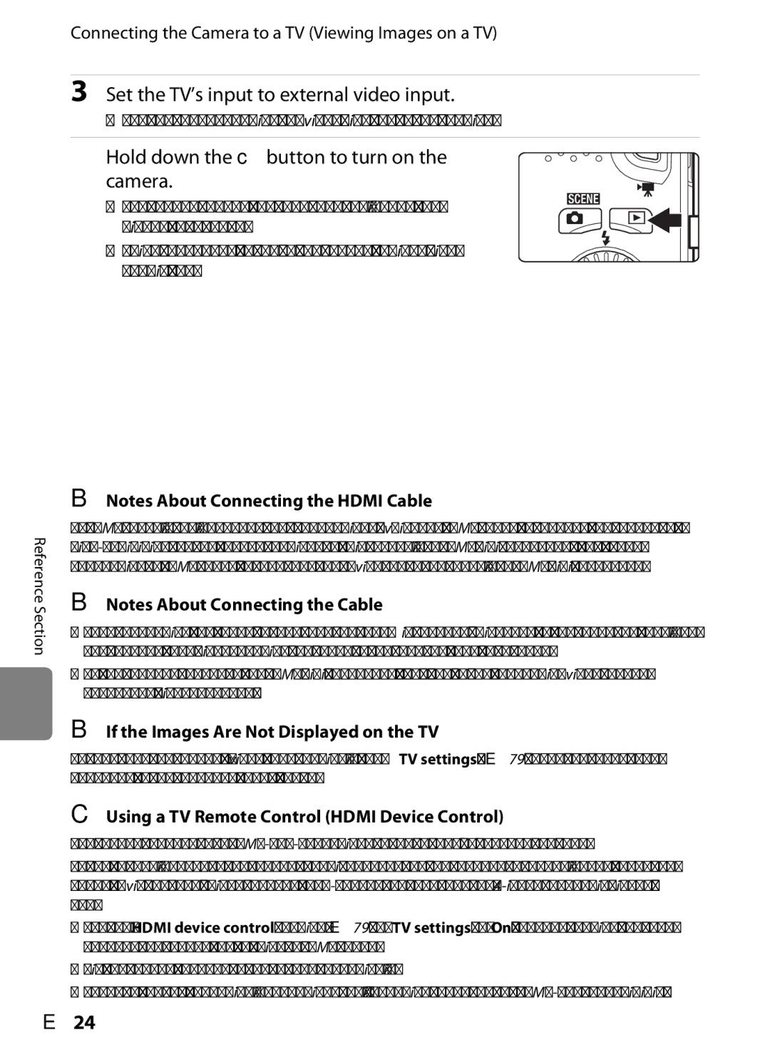 Nikon S6300 manual Set the TV’s input to external video input, Hold down the cbutton to turn on the camera, E24 