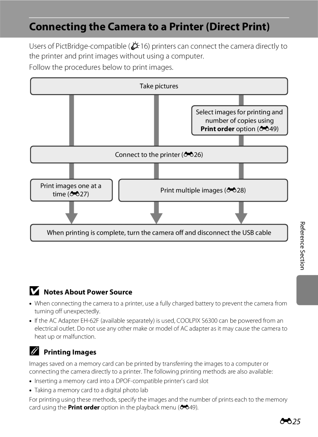 Nikon S6300 manual Connecting the Camera to a Printer Direct Print, E25, Printing Images, Take pictures 