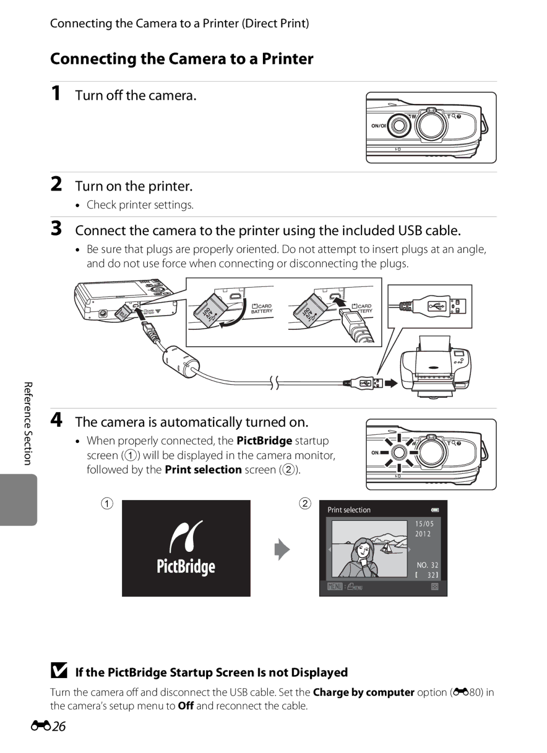 Nikon S6300 manual Connecting the Camera to a Printer, Turn off the camera, Turn on the printer, E26 