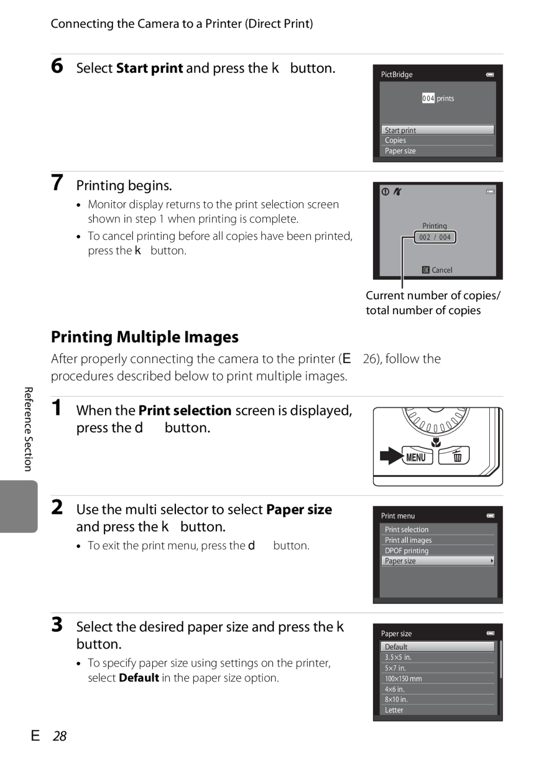 Nikon S6300 manual Printing Multiple Images, E28, To exit the print menu, press the d button 