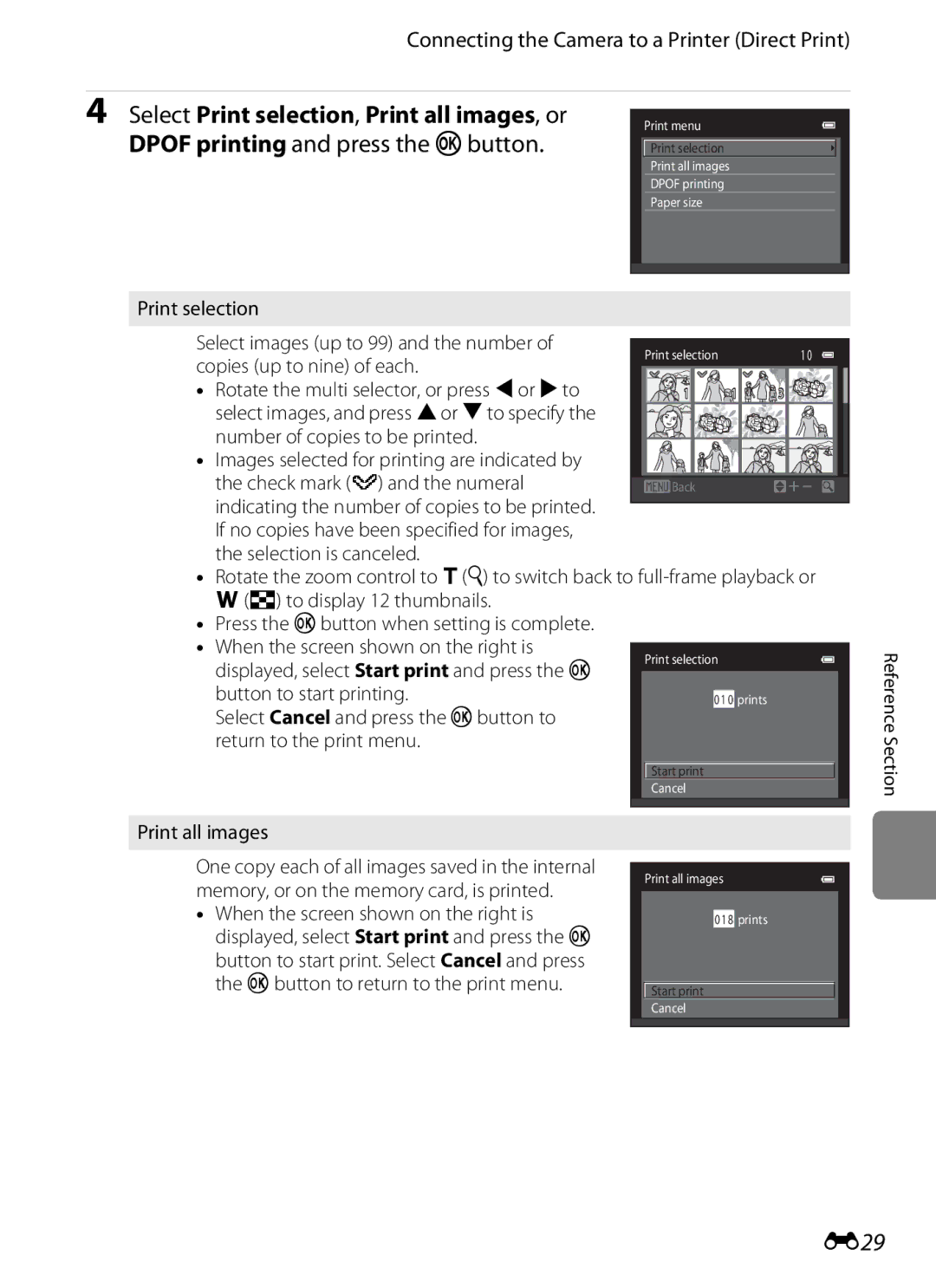 Nikon S6300 manual E29, Print selection Print all images, Playback or 