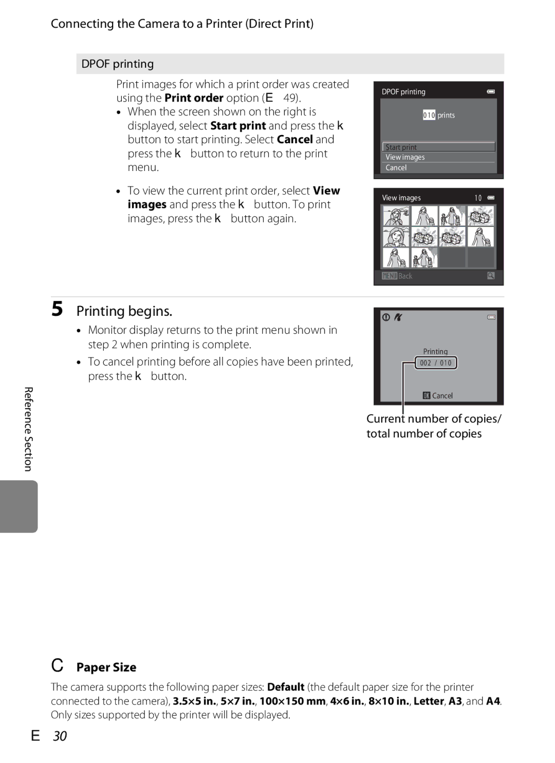 Nikon S6300 manual Printing begins, E30, Paper Size 