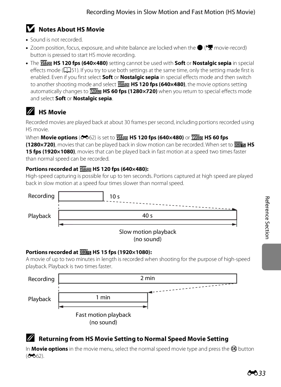 Nikon S6300 manual E33, HS Movie, Recording 10 s Playback 40 s Slow motion playback No sound 