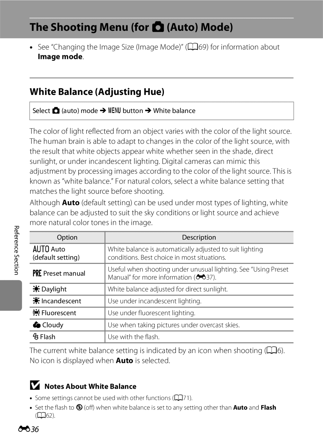 Nikon S6300 Shooting Menu for AAuto Mode, White Balance Adjusting Hue, E36, Select a auto mode Md button M White balance 