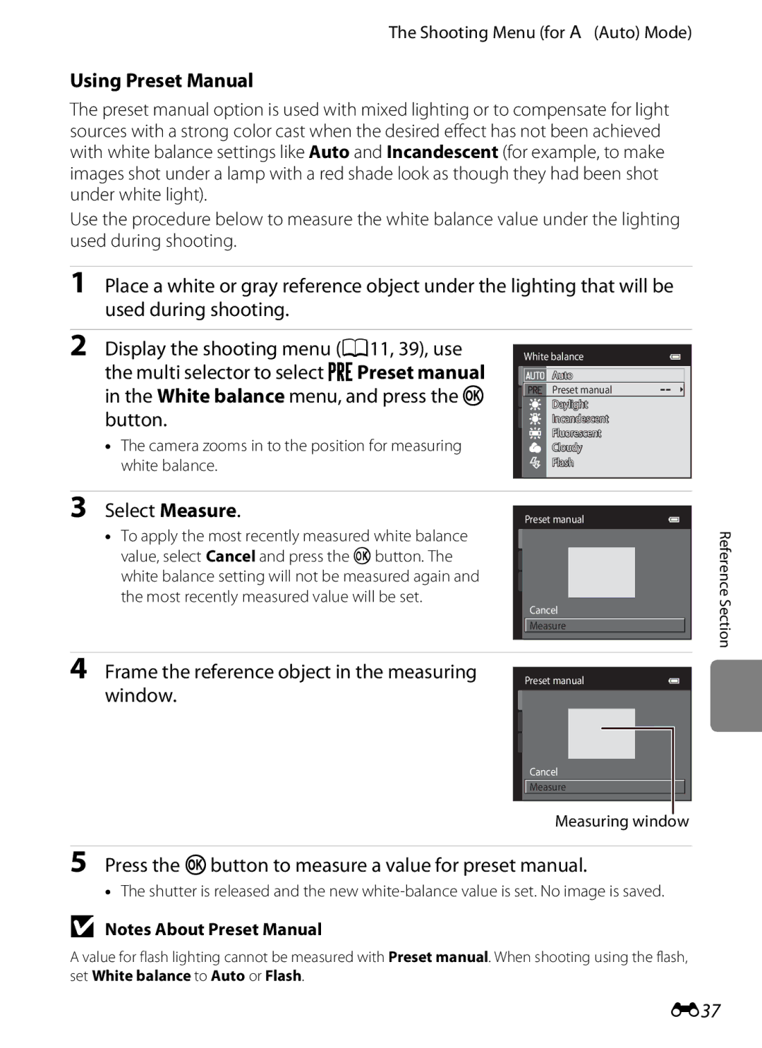 Nikon S6300 Using Preset Manual, Select Measure, Press the kbutton to measure a value for preset manual, E37 