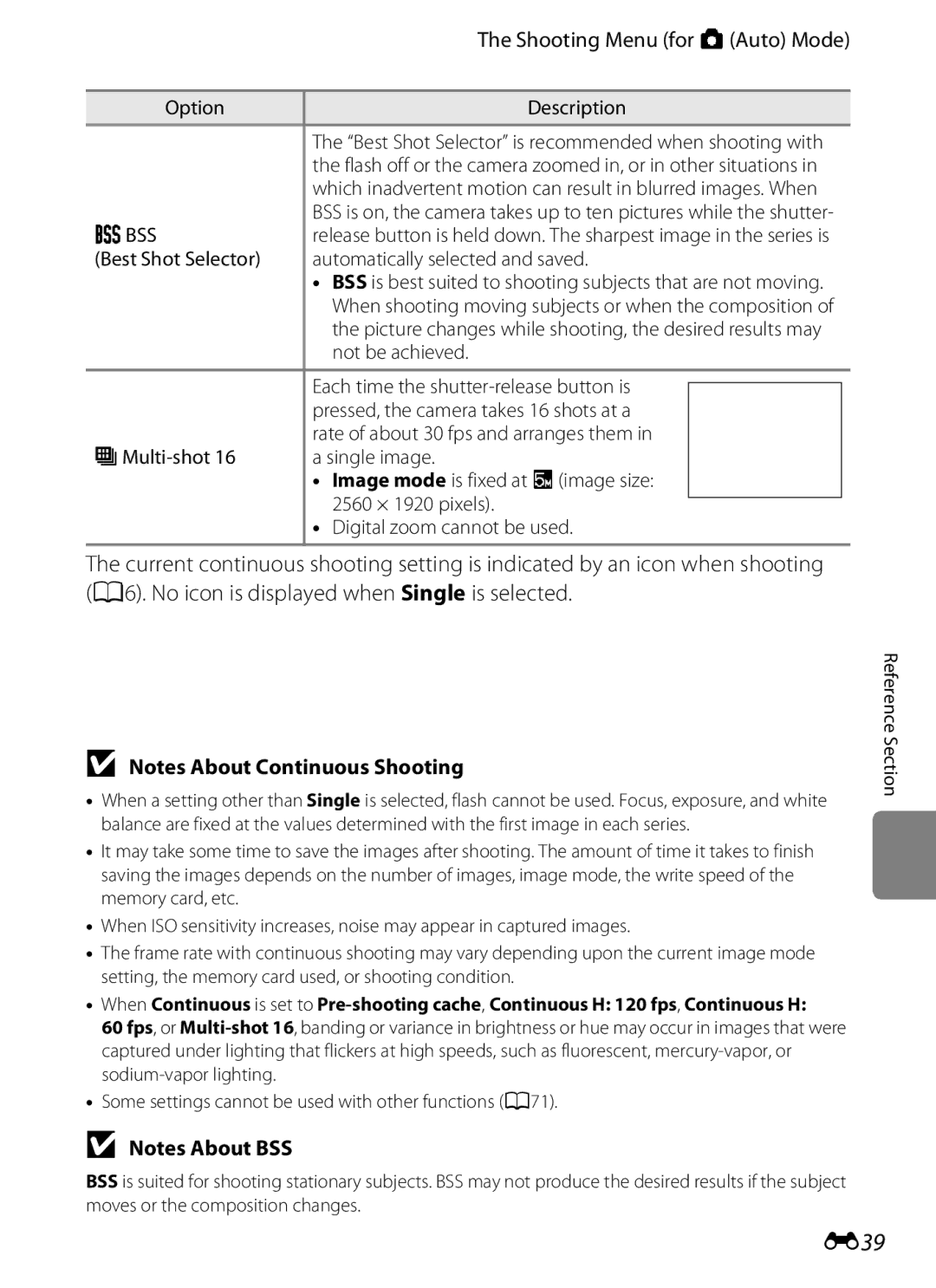 Nikon S6300 manual E39, Best Shot Selector Automatically selected and saved, Not be achieved, WMulti-shot Single image 