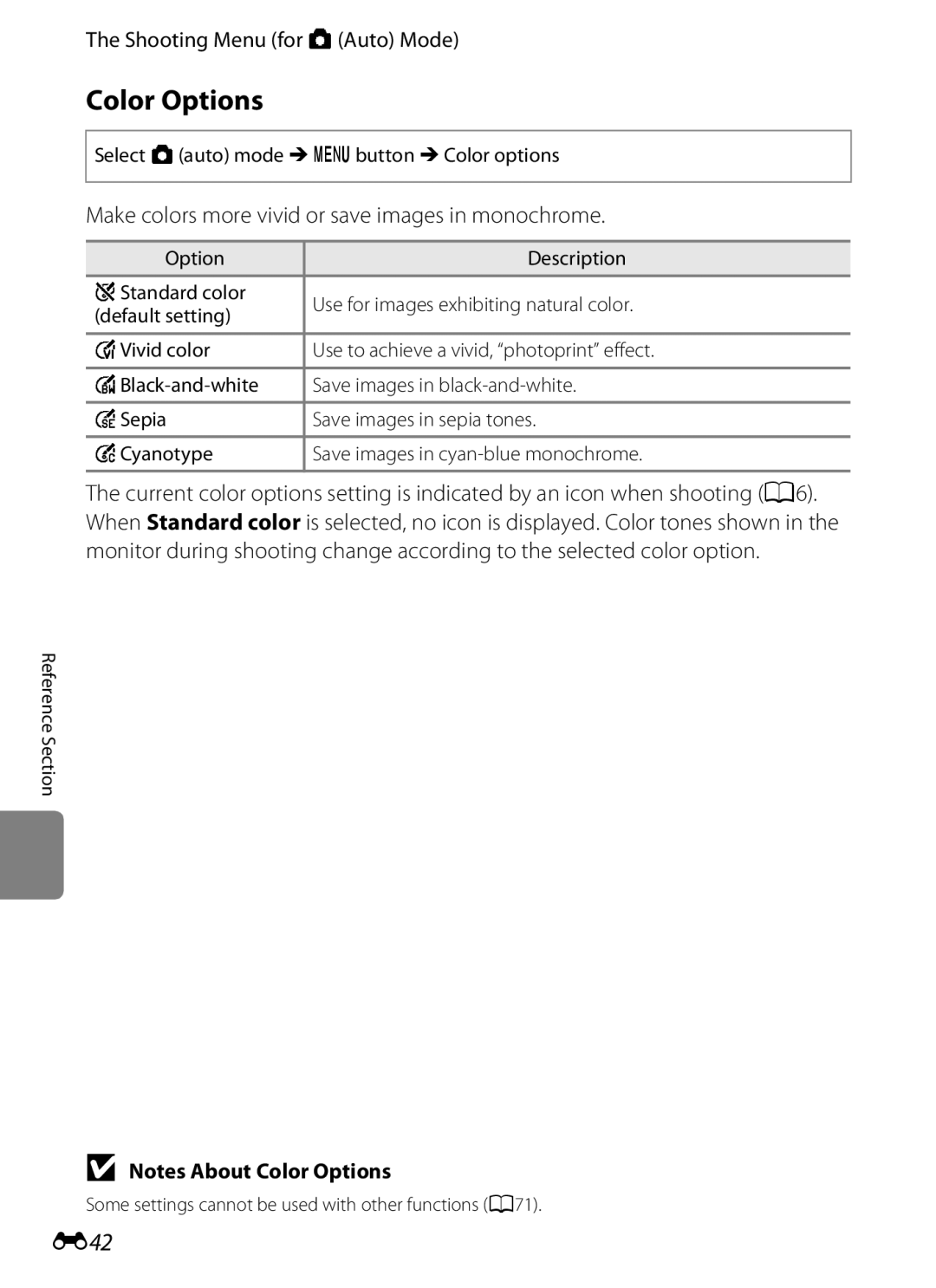 Nikon S6300 manual Color Options, E42, Make colors more vivid or save images in monochrome 