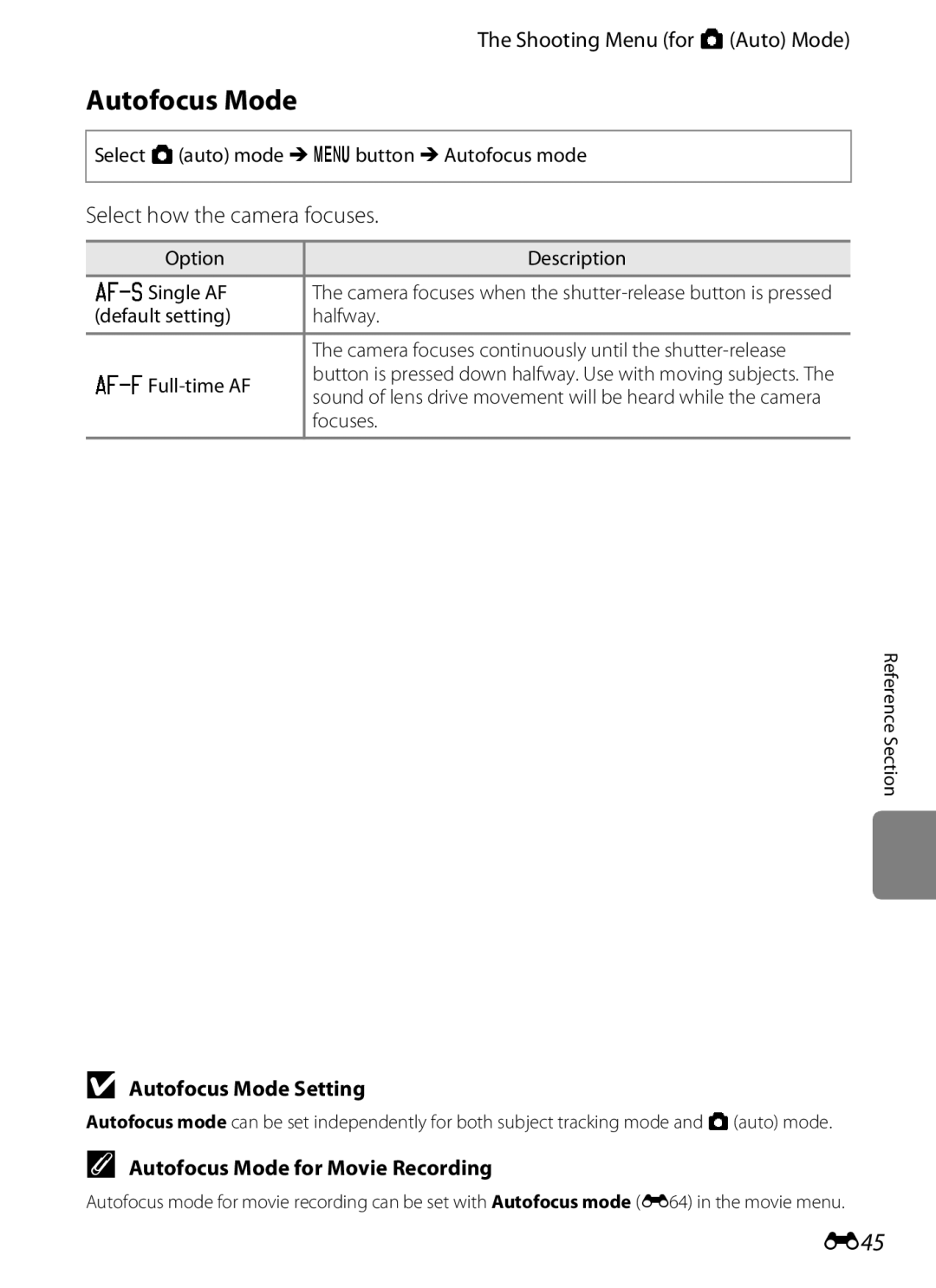 Nikon S6300 manual E45, Select how the camera focuses, Autofocus Mode Setting, Autofocus Mode for Movie Recording 