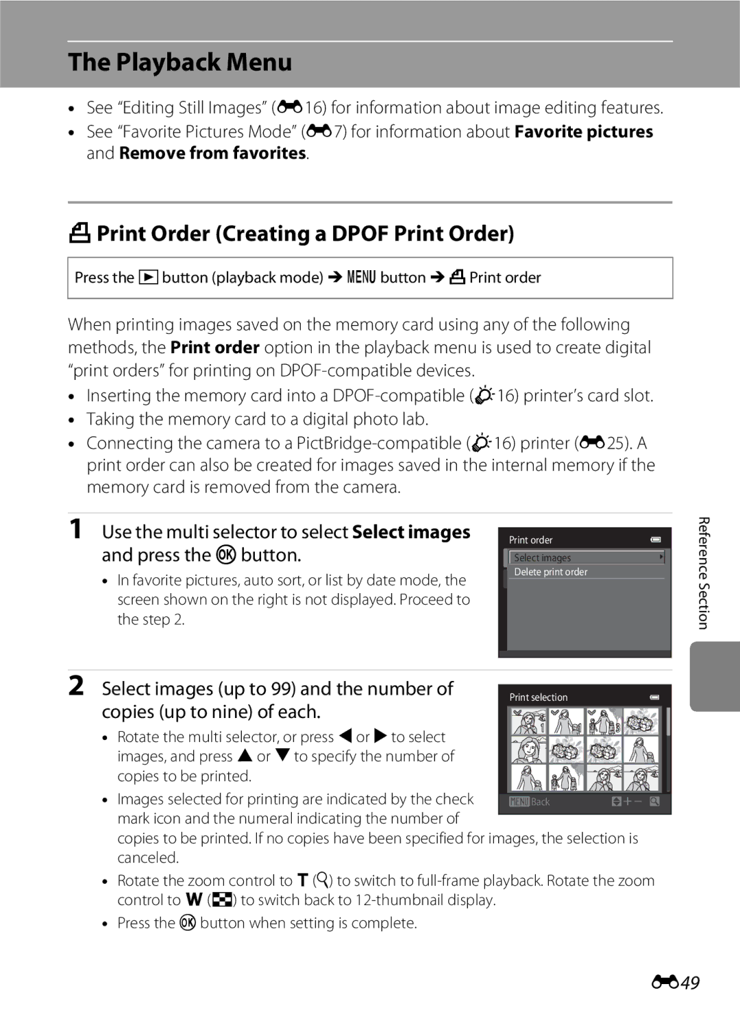 Nikon S6300 manual Playback Menu, APrint Order Creating a Dpof Print Order, Select images up to 99 and the number, E49 